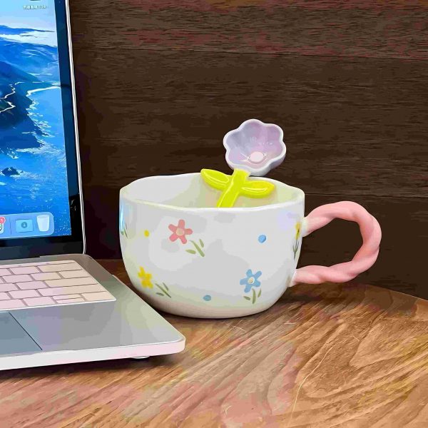 Ceramic Colorful Cup with spoon YX-722 Pink