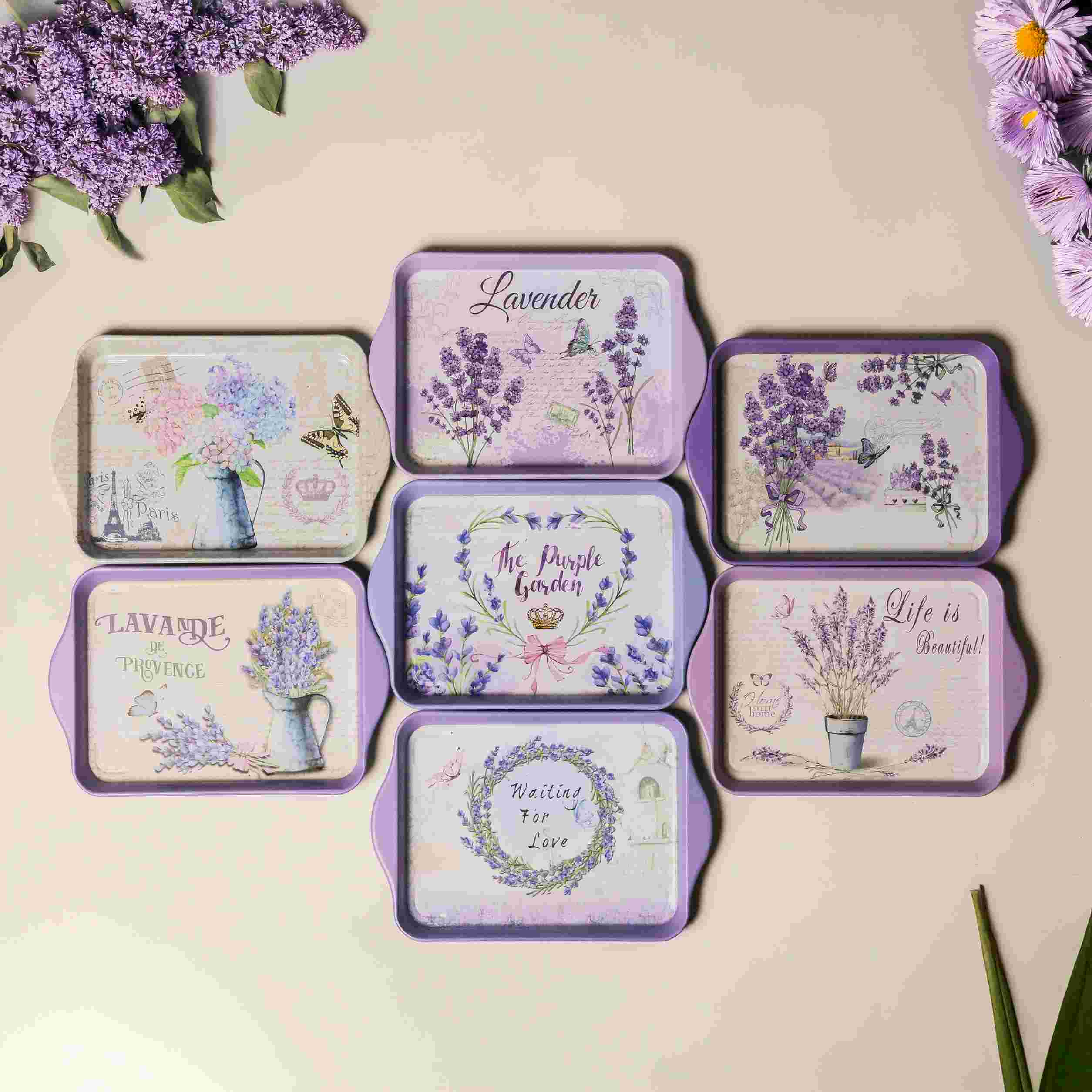 RAJ_1538 Lavender-Themed Mini Metal Tray Vintage Collection ( Pack Of 6 ) - Image 1