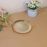 Gold Textured Metal Tray with Handles Round ( Pack Of 2 )