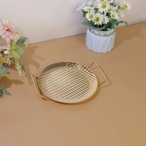 Gold Textured Metal Tray with Handles Round ( Pack Of 2 )