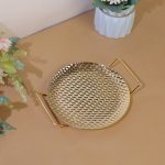 Gold Textured Metal Tray with Handles Round ( Pack Of 2 ) - Image 3