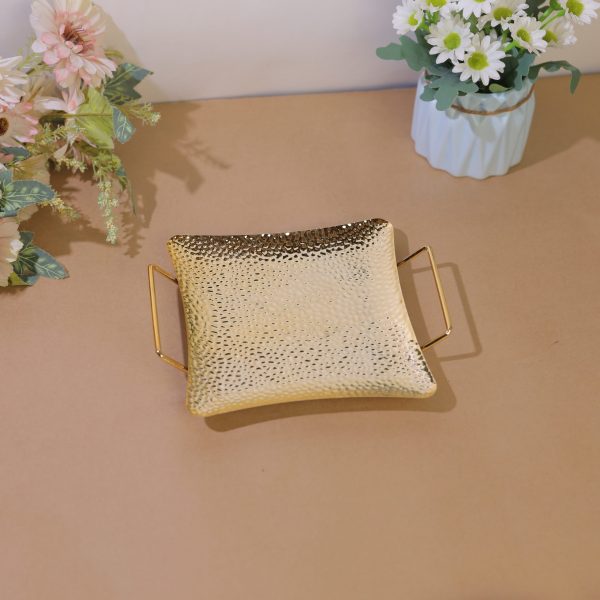 Gold Textured Metal Tray with Handles Square( Pack Of 2 )