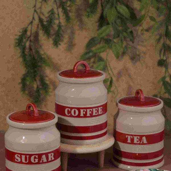 Ceramic Red Tea Sugar Coffe Canister set of 3