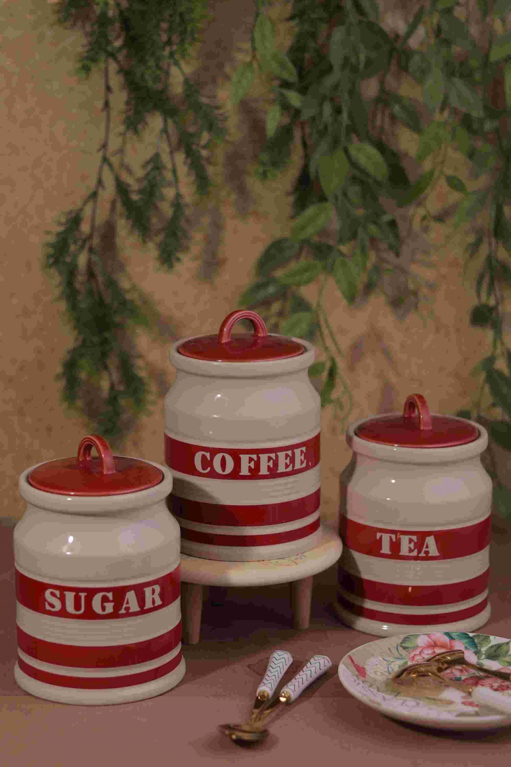 RAJ_9263 Ceramic Red Tea Sugar Coffe Canister set of 3 - Image 1