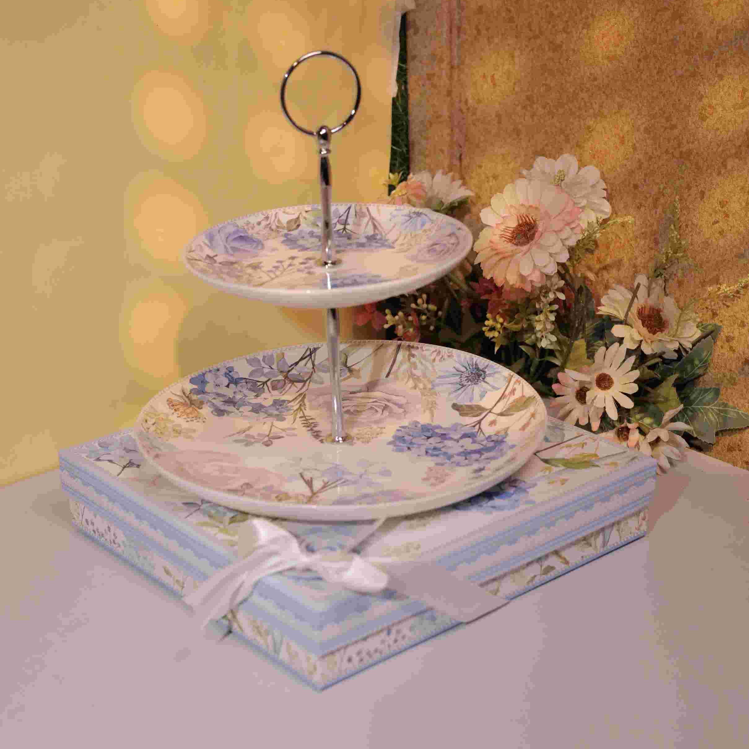 RAJ_9804 Blue Bloom Ceramic Two Tier Plate - Image 1