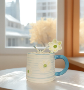 Ceramic Colorful Big Size Mug with spoon YX-700 Blue