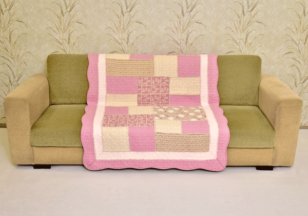 99781 (1) Classy Contemporary Floral Border Checks Patterned light Pink Quilted Sofa Cover/ Sujni - Image 1
