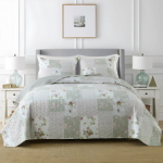 King Size Quilt Set, 3-Piece Lightweight Soft Patchwork Bedspread Coverlet (104x90 inches) Plaid Bedding Set with Pillow Shams, Gray Green Plaid Floral