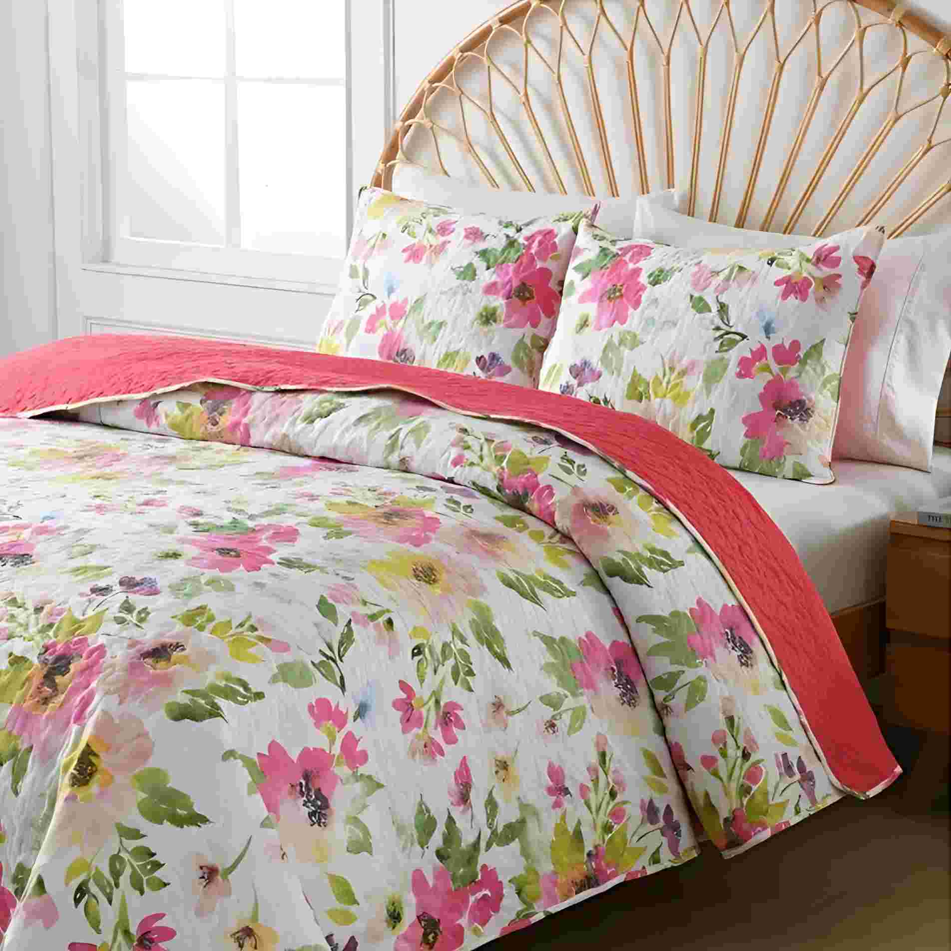DB2503 (1) King Quilt Set, 3-Piece Lightweight Soft Bedspread Coverlet (104x90 inches) Rustic Spring Bedding Set with 2 Pillow Shams, Hot Pink Rose Red Flower - Image 1