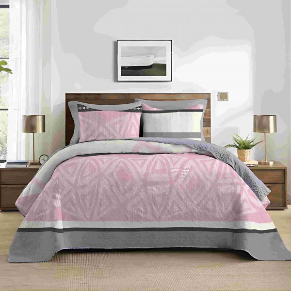 King Size Quilt Set, 3-Piece Lightweight Soft Bedspread Coverlet (104x90 in) with 2 Pillow Shams (20x36 in) for All Season,Pink & Grey Stripes