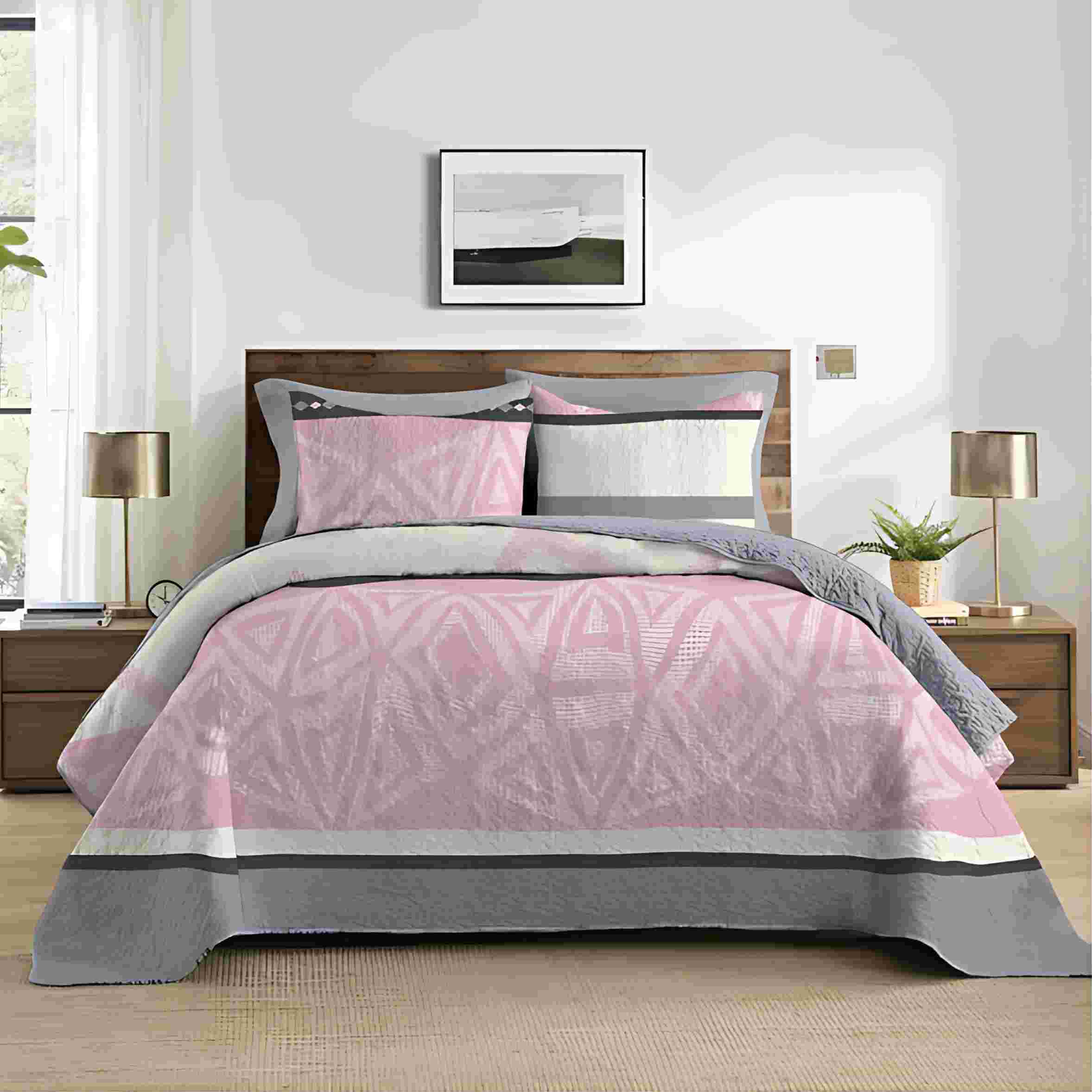 DB2505 (4) King Size Quilt Set, 3-Piece Lightweight Soft Bedspread Coverlet (104x90 in) with 2 Pillow Shams (20x36 in) for All Season,Pink & Grey Stripes - Image 1