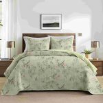 King Size Quilt Set, 3-Piece Lightweight Soft Bedspread Coverlet (104x90 in) with 2 Pillow Shams (20x36 in) for All Season, Light green with leaf