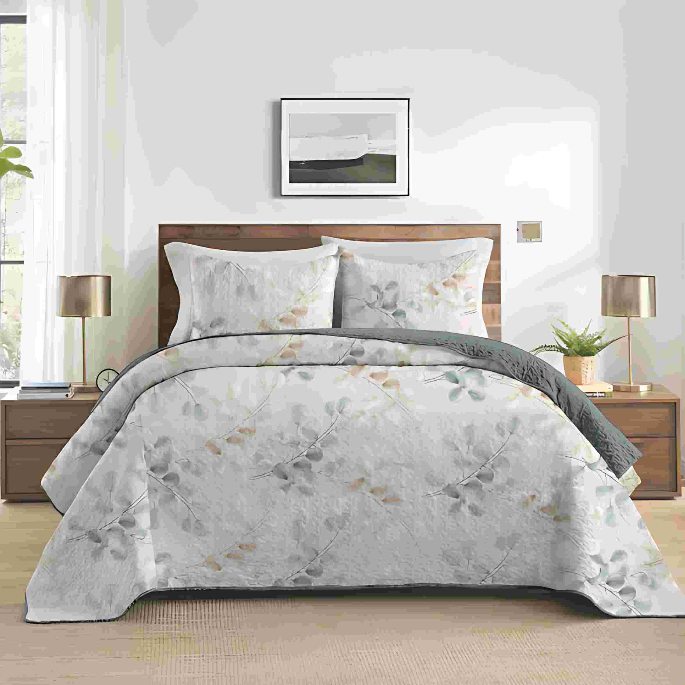 DB2509 (4) King Size Quilt Set, 3-Piece Lightweight Soft Bedspread Coverlet (104x90 in) with 2 Pillow Shams (20x36 in) for All Season, Tulip with cream - Image 1