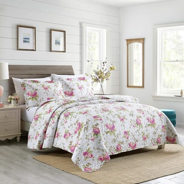 King Size Quilt Set, 3-Piece Lightweight Soft Bedspread Coverlet (104x90 in) with 2 Pillow Shams (20x36 in) for All Season,Rose Floral Print