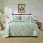 King Size Quilt Set, 3-Piece Lightweight Soft Bedspread Coverlet (104x90 in) with 2 Pillow Shams (20x36 in) for All Season, Light Mint Green Feather