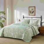 King Size Quilt Set, 3-Piece Lightweight Soft Bedspread Coverlet (104x90 in) with 2 Pillow Shams (20x36 in) for All Season, Light Mint Green Feather - Image 2