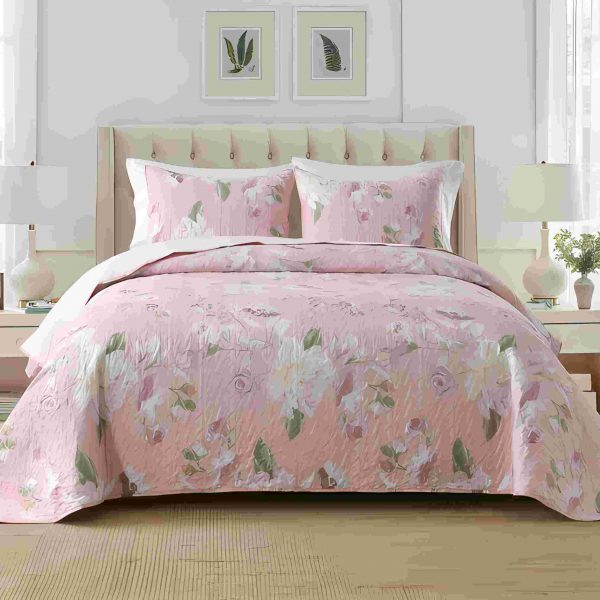King Size Quilt Set, 3-Piece Lightweight Soft Bedspread Coverlet (104x90 in) with 2 Pillow Shams (20x36 in) for All Season, Mauve Flower Print