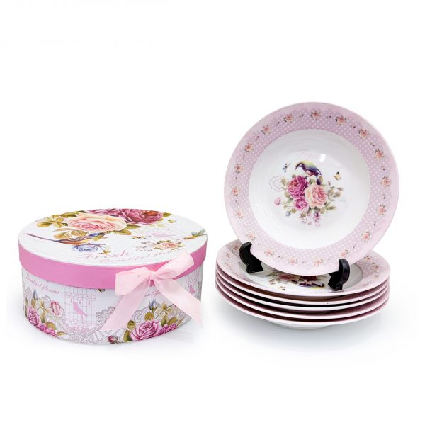 MGeezz pink rose elegance ceramic deep plate / pasta bowl set – set of 6 with premium gift box