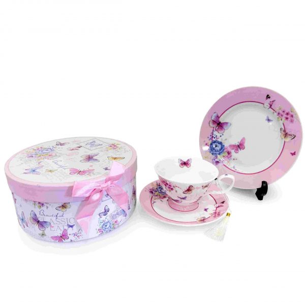 MGeezz Blush Blossom Ceramic Tea Cup, Saucer & Plate Set – Butterfly Floral Design With Premium Gift Box